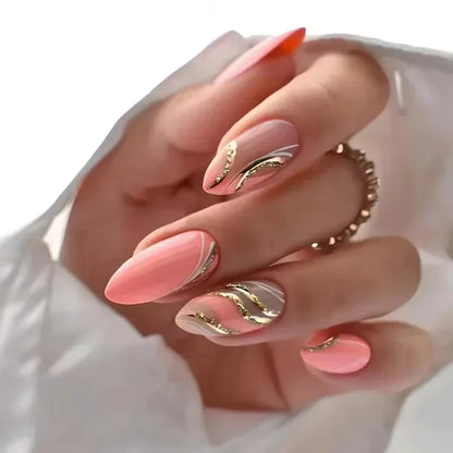 24Pcs Finished False Nails Detachable Long Almond Fake Fingernails French Pink Wave Line Designs Press on Nails Manicure Tips