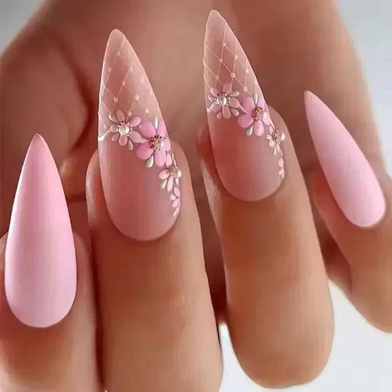 24Pcs Finished False Nails Detachable Long Almond Fake Fingernails French Pink Wave Line Designs Press on Nails Manicure Tips