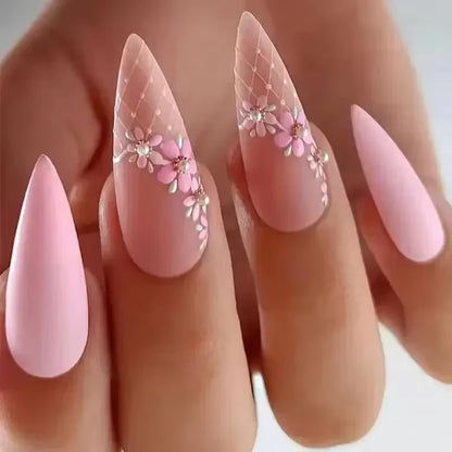 24Pcs Finished False Nails Detachable Long Almond Fake Fingernails French Pink Wave Line Designs Press on Nails Manicure Tips