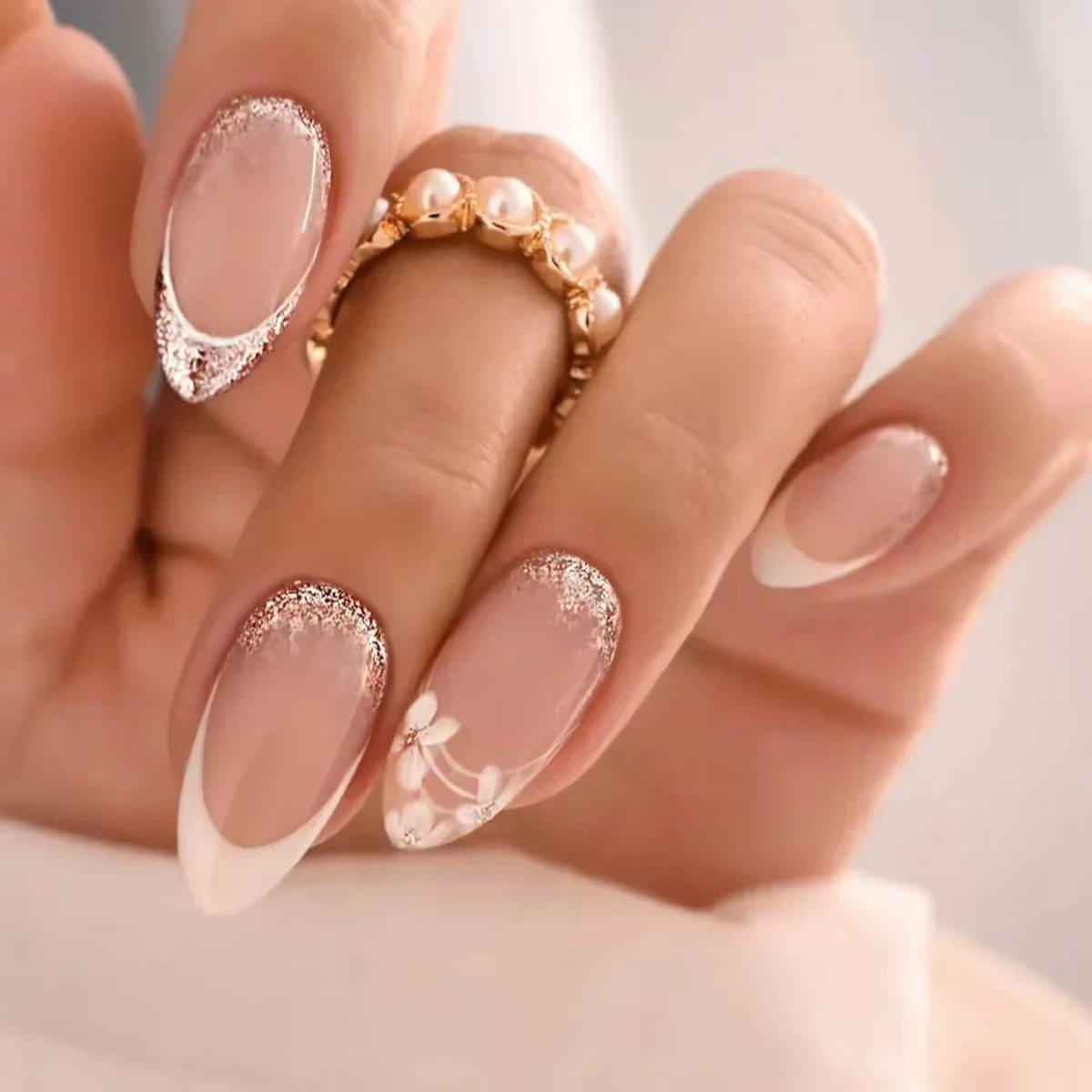 24Pcs Finished False Nails Detachable Long Almond Fake Fingernails French Pink Wave Line Designs Press on Nails Manicure Tips