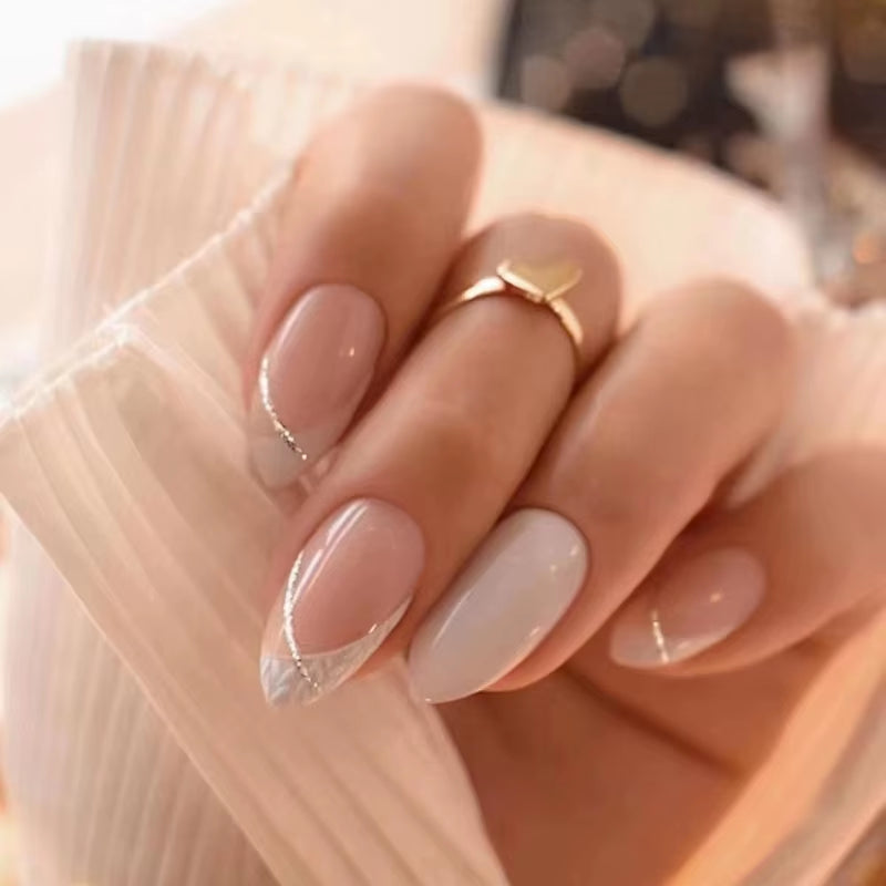 24Pcs Finished False Nails Detachable Long Almond Fake Fingernails French Pink Wave Line Designs Press on Nails Manicure Tips