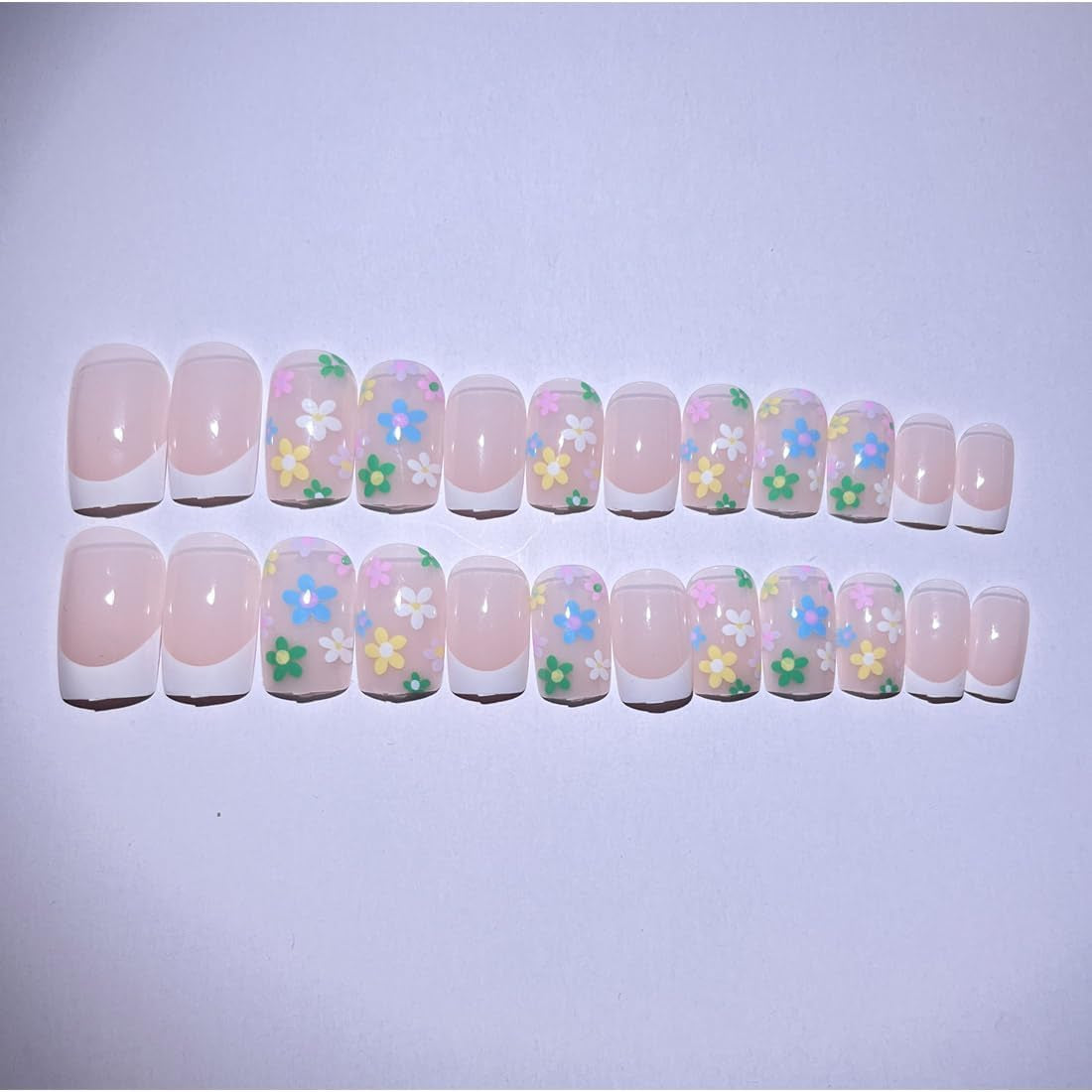 White French Multicolor Flowers Press on Nails - Coffin Stick on Nails Nails Tips Full Cover Fake Nails Glossy Nails for Women Girls DIY Nail Manicure 24 PCS False Nails