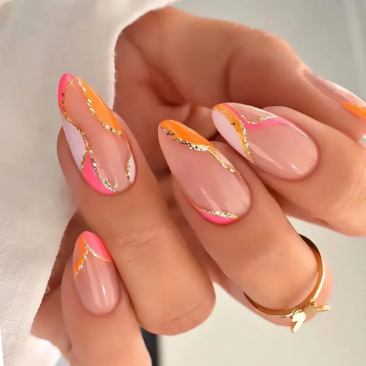 24Pcs Finished False Nails Detachable Long Almond Fake Fingernails French Pink Wave Line Designs Press on Nails Manicure Tips