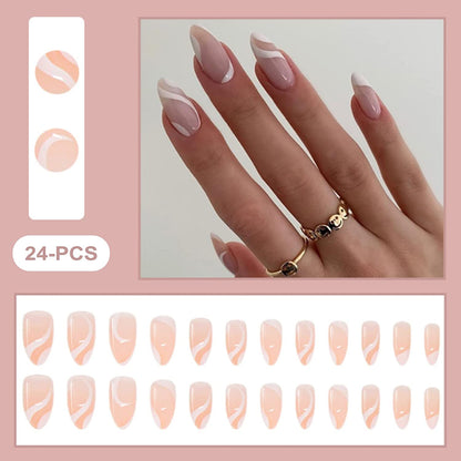 24-PCS French Tip Almond Press on Nails Medium Fake Nails White Line Coffin Press on Fake Nails Glossy False Nails Full Cover Acrylic Nails for Women & Girl